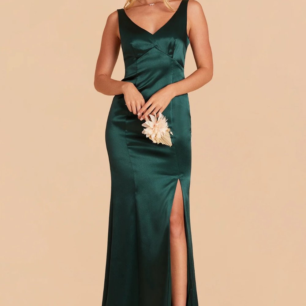 Birdy Grey Emerald Satin V-Neck Maxi Dress with Thigh Slit